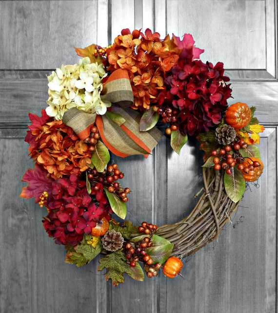 Front Door Wreath Full of Hydrangeas this wreath is perfect for fall