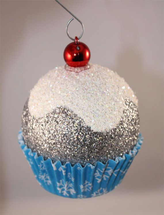 Blue Snowflake Cupcake Christmas Ornaments Cherry Glitter